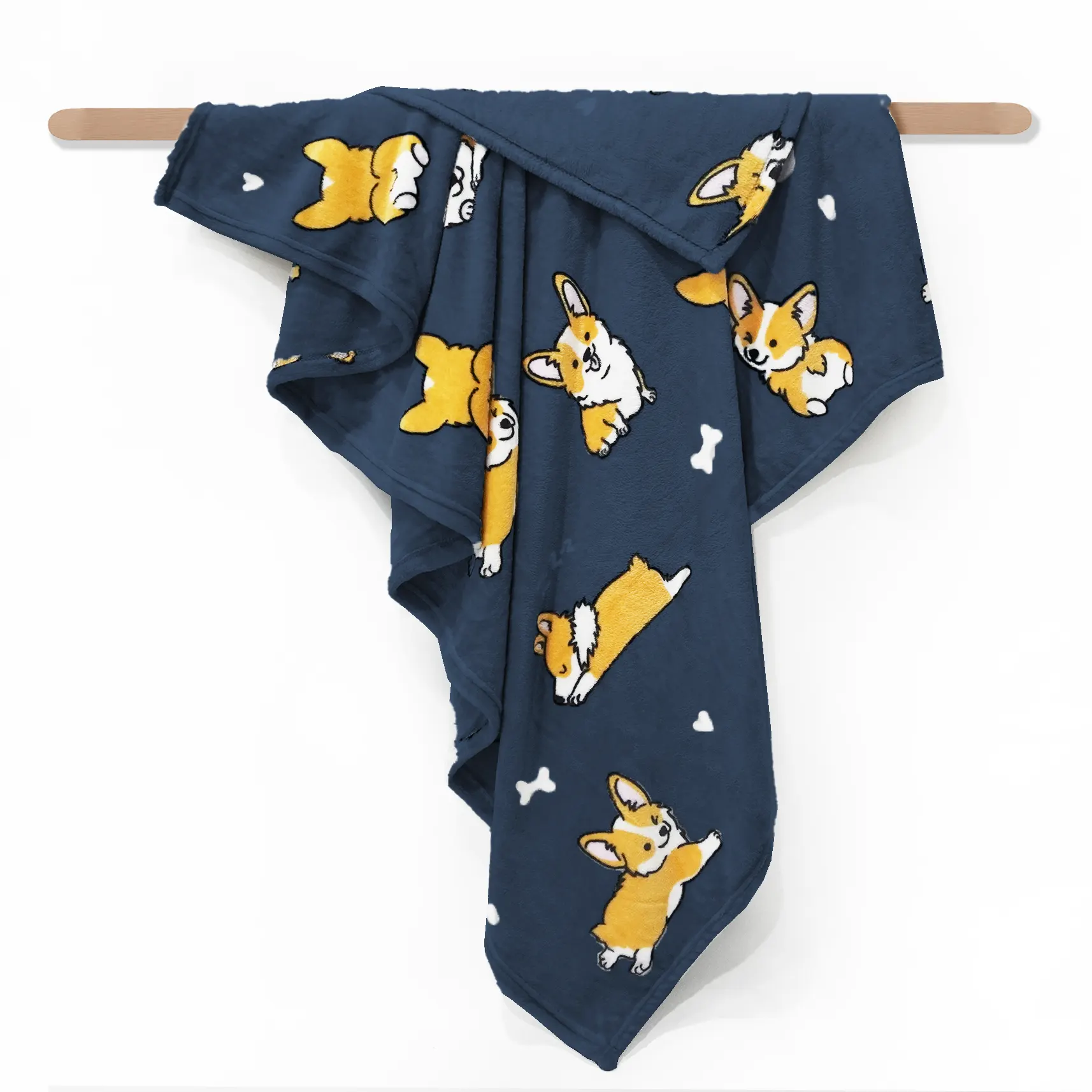 Dark Blue Corgi Printing Flannel Blanket