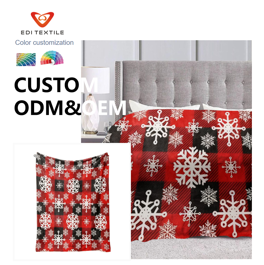 Kołdra flanelowa z nadrukiem białych płatków śniegu w stylu plaid – hurtowa kołdra dekoracyjna dla dużych supermarketów, firmowych prezentów świątecznych oraz wydarzeń hotelarskich i instytucjonalnych