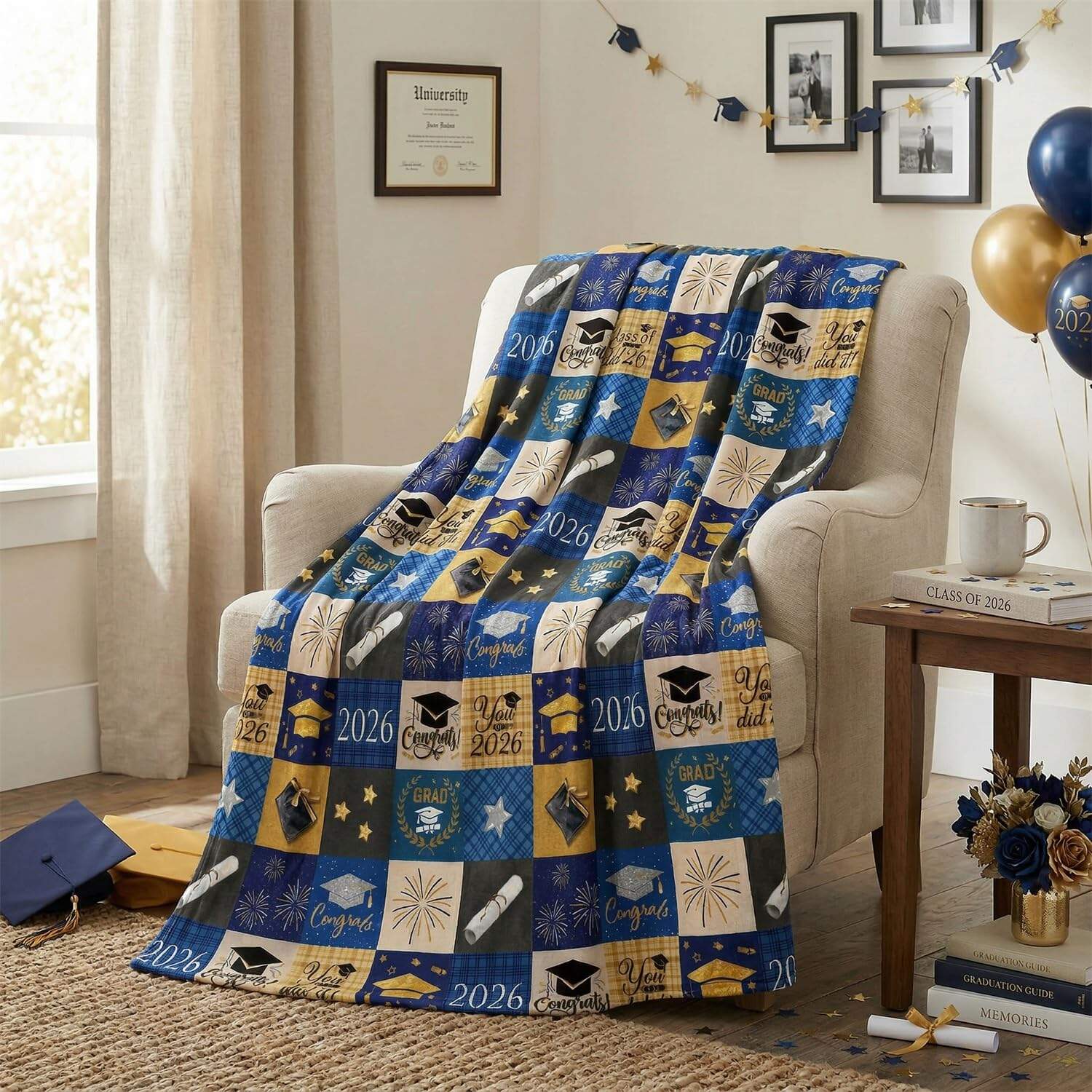 Custom 2026 Graduation Flannel Blanket Blue Gold Grad Throw Gift