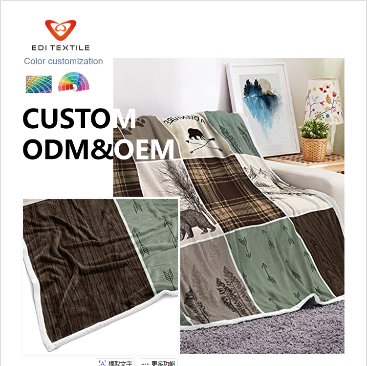 Falusi erdői kaland motívumos flanel takaró – medve- és szarvasmintás, kockás, puha takaró a kanapéra, az ágyra és a sátorozáshoz