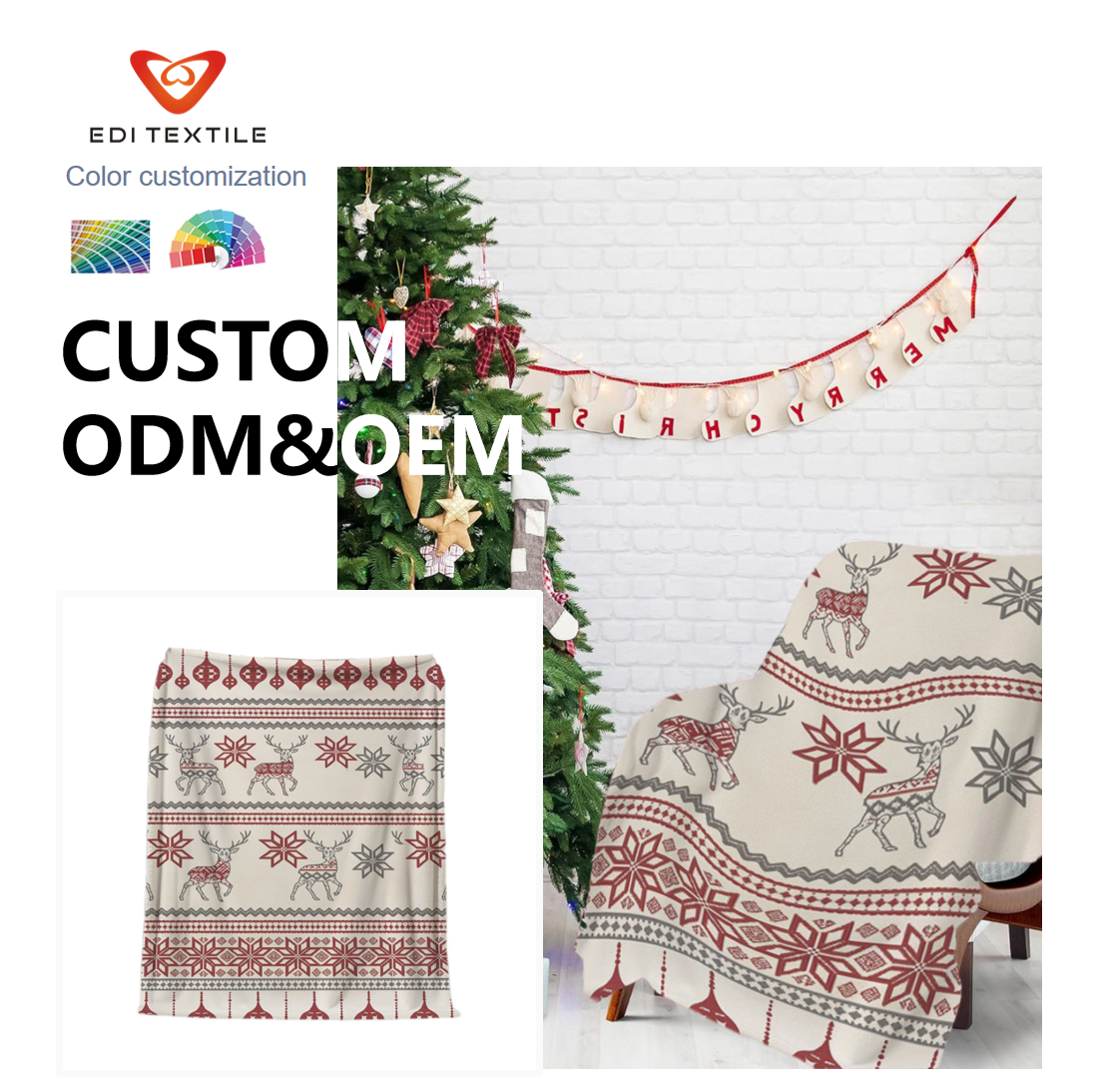 Świąteczny flanelowy koc z motywem reniferów i śnieżynek w kolorach czerwonym i szarym – hurtowy i możliwy do personalizacji koc dekoracyjny dla dużych supermarketów