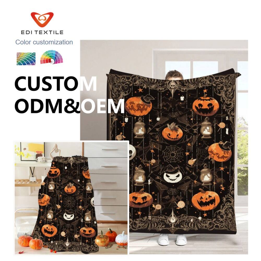 Czarna flanelowa kołdra z motywami gotyckimi na Halloween – nietoperze i groźne wzory, hurtowa i dostosowywalna narzuta dla dużych supermarketów