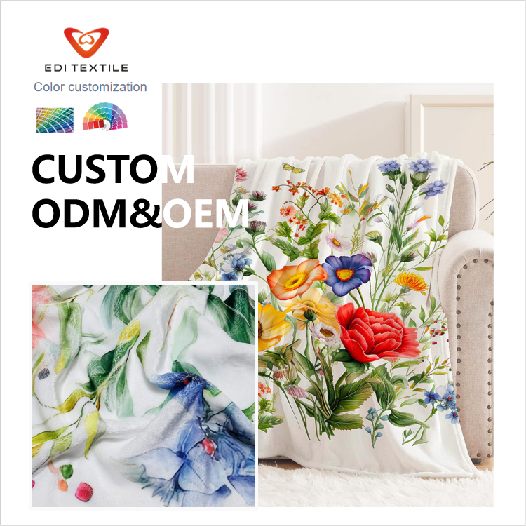 EDI TEXTILE egyedi virágos nyomtatású flanel takaró – puha, kényelmes, könnyű és meleg takaró kanapéra, ágyra vagy székbe, ODM/OEM szolgáltatással, szín testreszabással