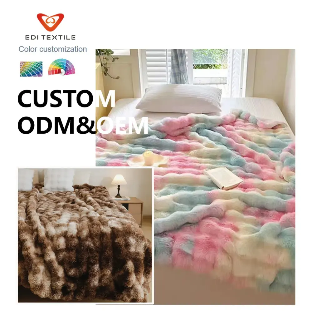 Bubbelvormig kunstkonijnenbont dubbelzijdig flanellen dekbed, dromerig regenboog- en aardetinten met textuur, zacht en warm dekbed voor bank of sofa