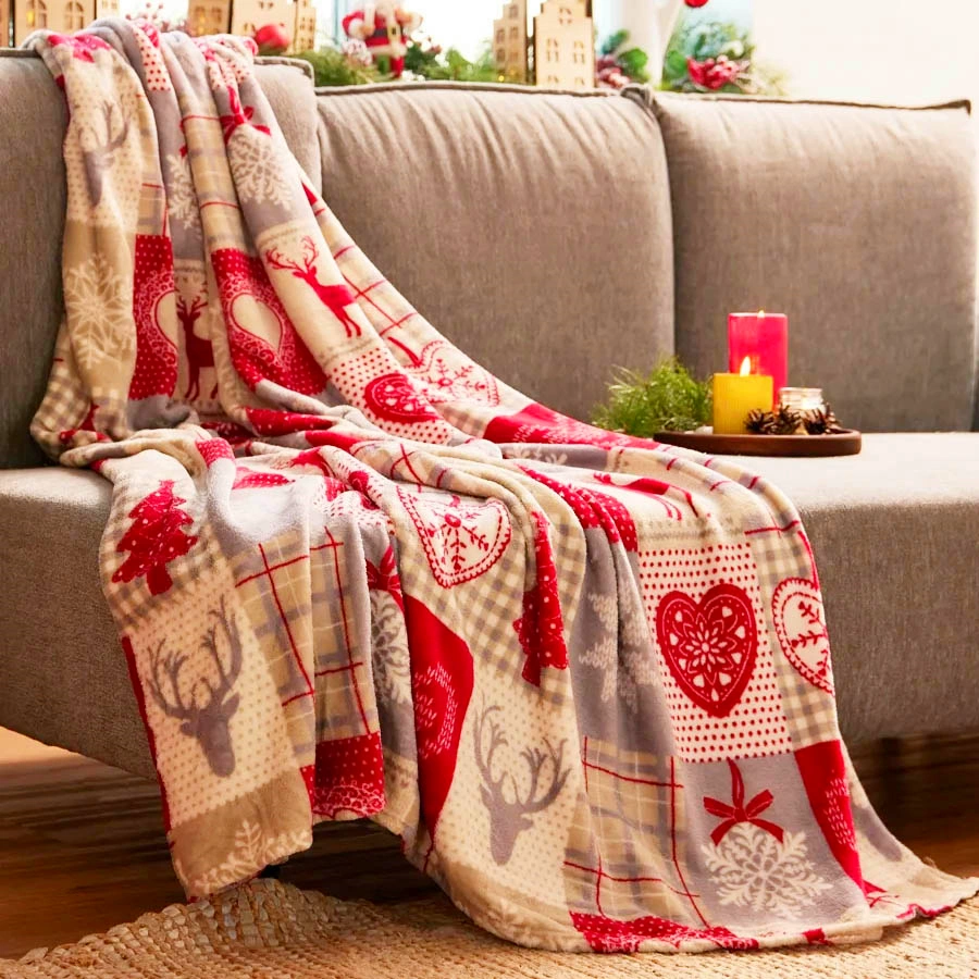 Christmas Bedding Home Decor Holiday Snowman Elk Plaid Lightweight Bed Throw Blanket