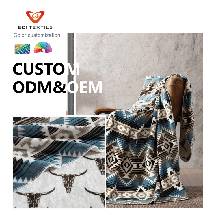Couverture jetable en flanelle personnalisée de style occidental avec motif aztèque des deux côtés – Couverture douce et chaude à imprimé cowboy pour canapé, lit ou camping (ODM/OEM et personnalisation des couleurs possible)