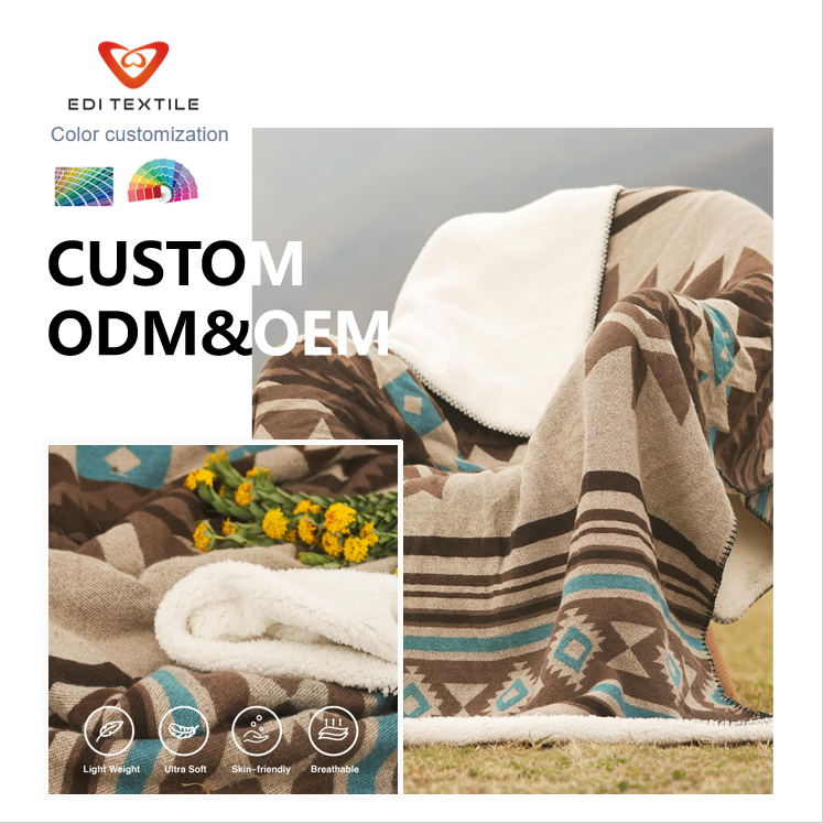 Jihozápadní plédová deka z flanelu s ovčí srstí Sherpa v navajském stylu – extrémně měkká a teplá deka pro gauč, postel, kempování a západní interiér domácnosti