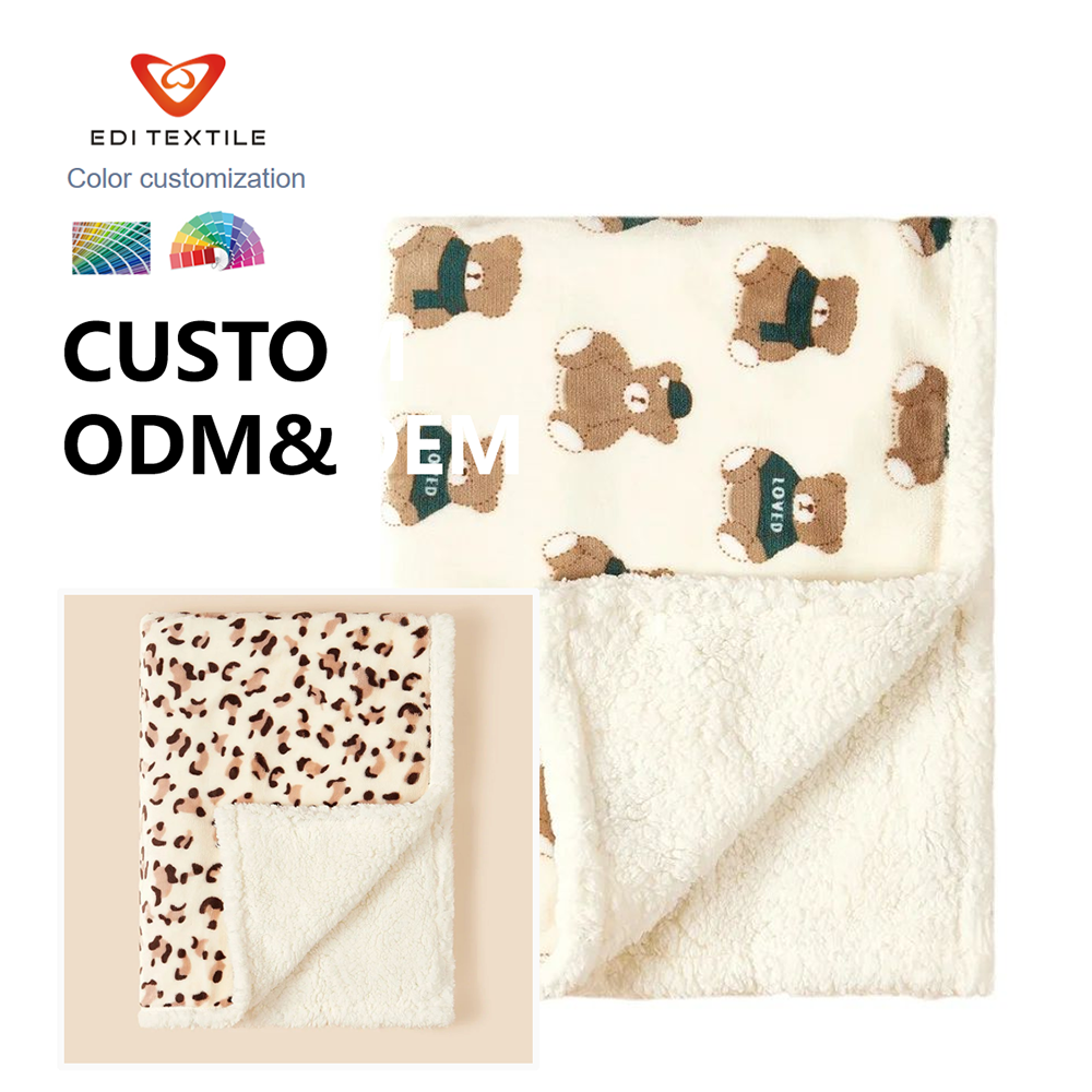 Double-Sided Flannel Sherpa Blanket Bear Print Ultra Soft Thickened Throw for Home Kids Sofa