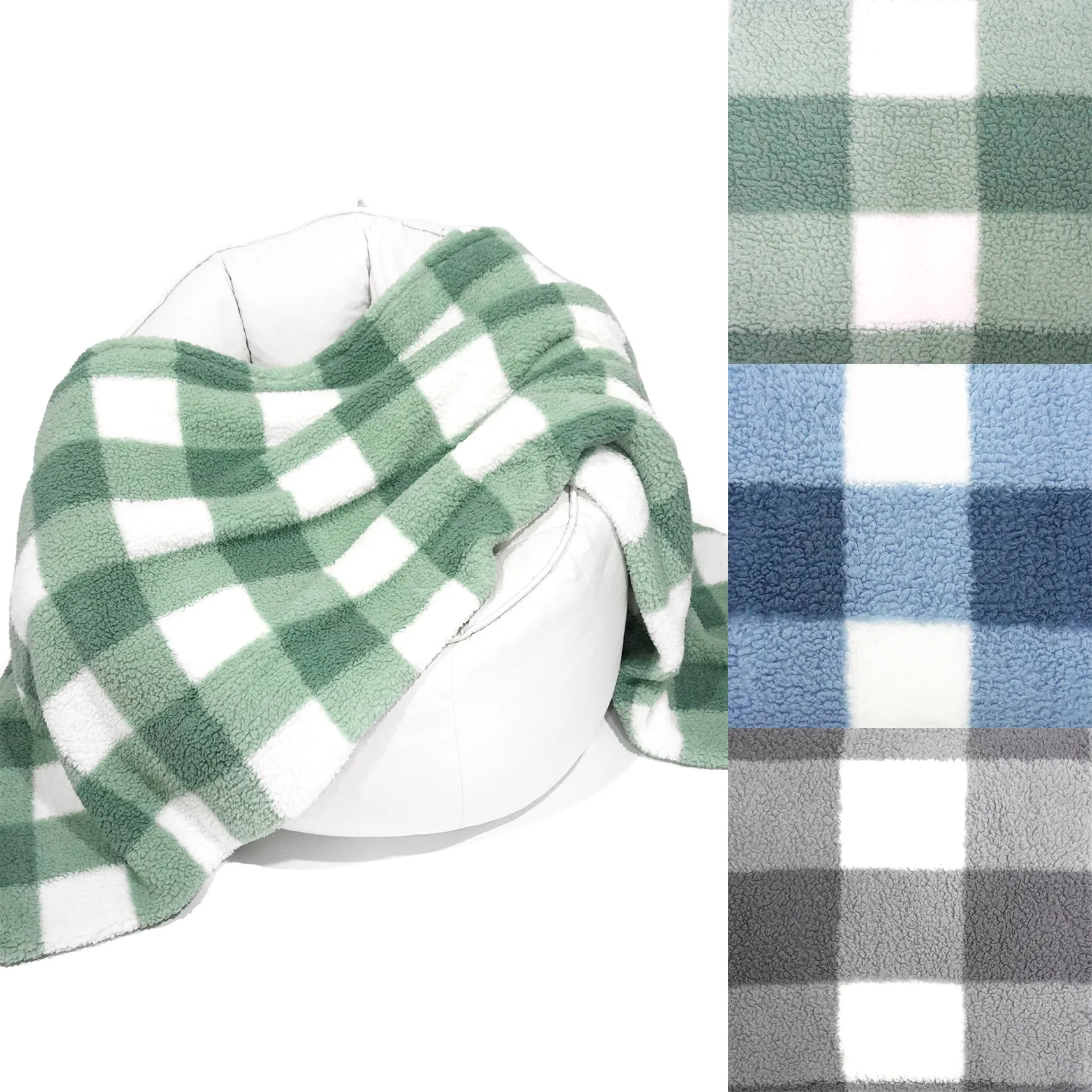 Green/Blue/Gray Square Check Sherpa Blanket