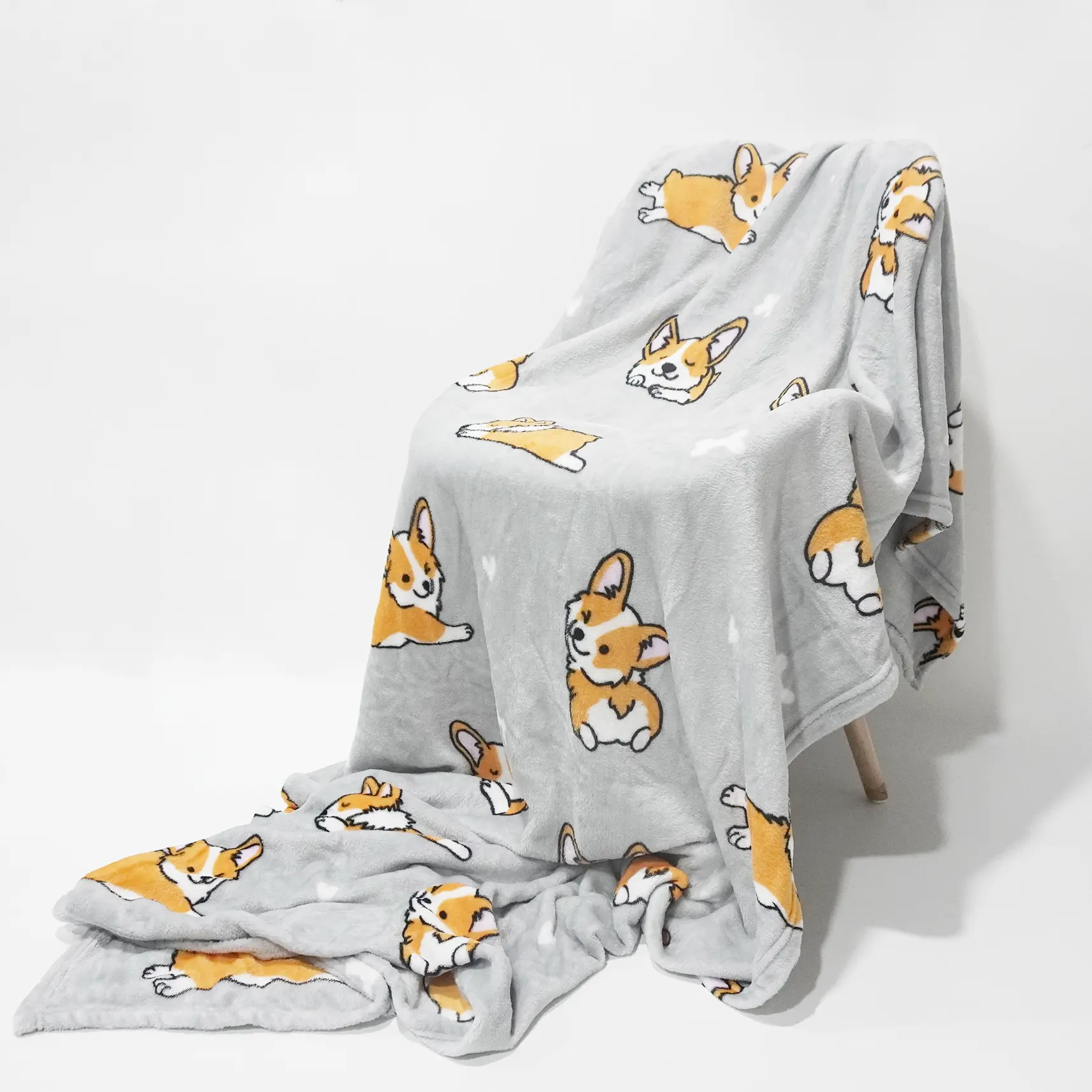 Light Grey Corgi Printing Flannel Blanket manufacture