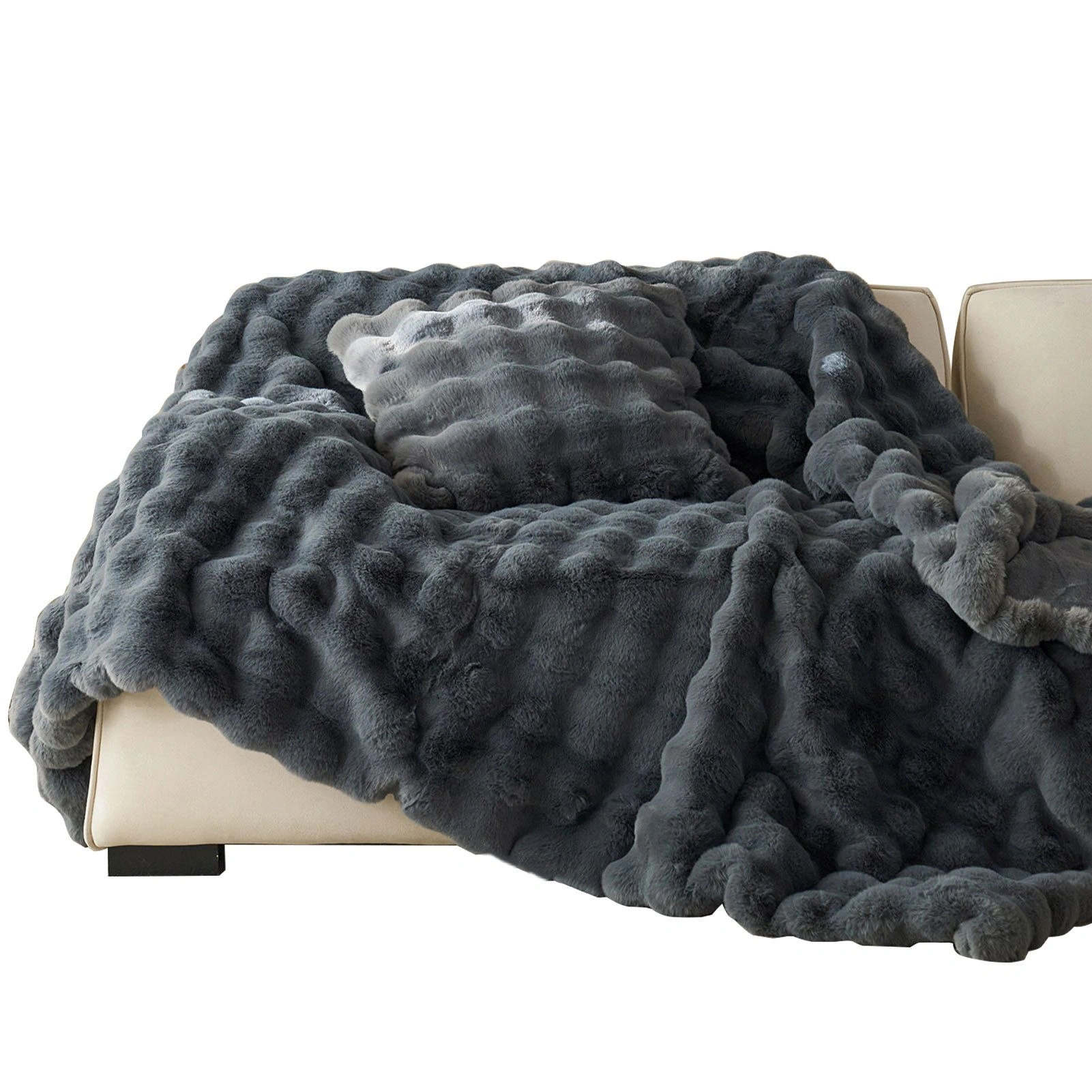 Lüks %100 Polyester Suni Kürk Örtü Battaniye Kış İçin Süper Yumuşak Konforlu Yatak Odası Kullanımı İçin Örgü Kabarcıklı Fleece Battaniye