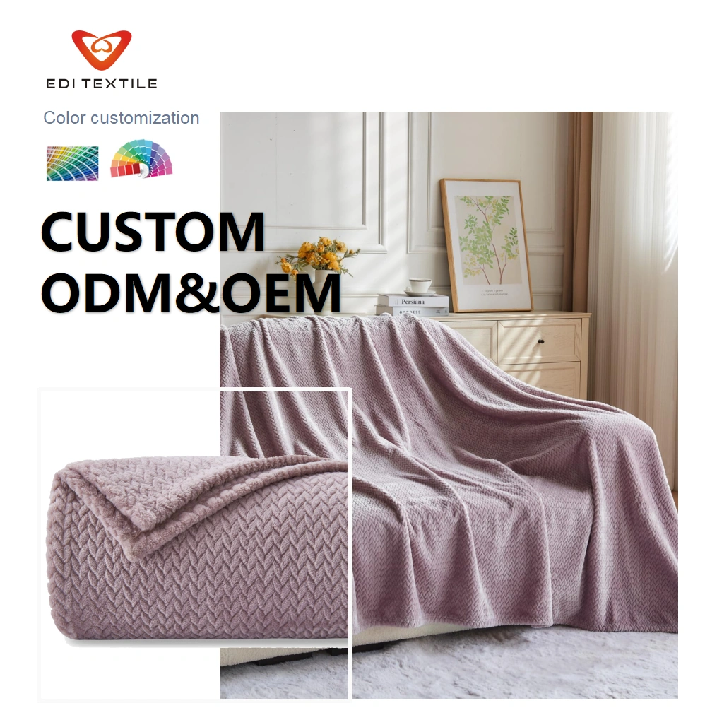 Çok Yumuşak Atkı Örtüsü Açık Mor Renkli Premium Sedefli Flanel Fleece Jakarlı Yaprak Desenli Hafif Yatak Örtüsü Her Mevsim