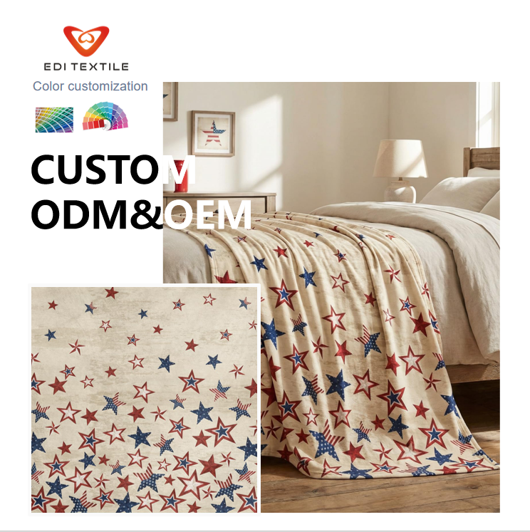 Premiumová měkká flanelová deka s patriotaickým motivem USA a hvězdami – pohodlná deka pro postel, gauč i výzdobu k 4. červenci, podpora individuálního návrhu (ODM/OEM)