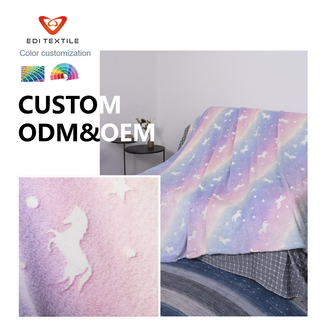 Glow in the Dark Unicorn Flannel Blanket Ultra Soft Rainbow Gradient Luminous Throw Custom ODM OEM for Kids Bedroom Gift
