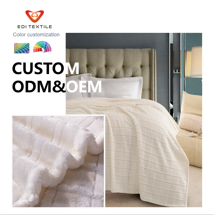 Custom ODM OEM Flannel Blanket - Soft Plush Embossed Grid Throw Blanket for Bed, Couch All-Season Use