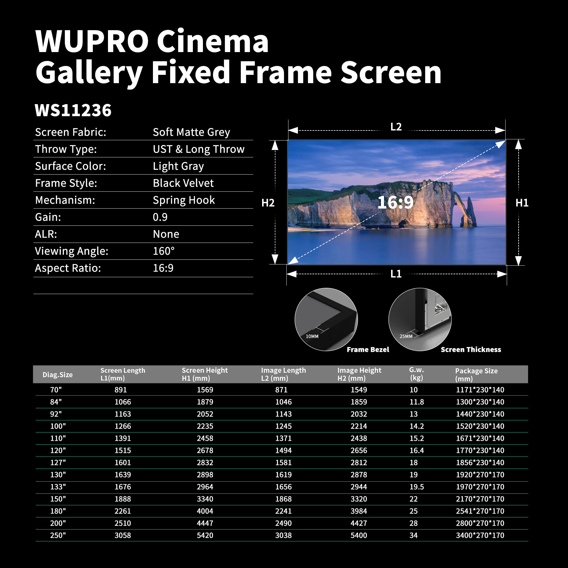 WUPRO Cinema Gallery Fixed Frame Screen Soft Matte Grey/White for UST ...