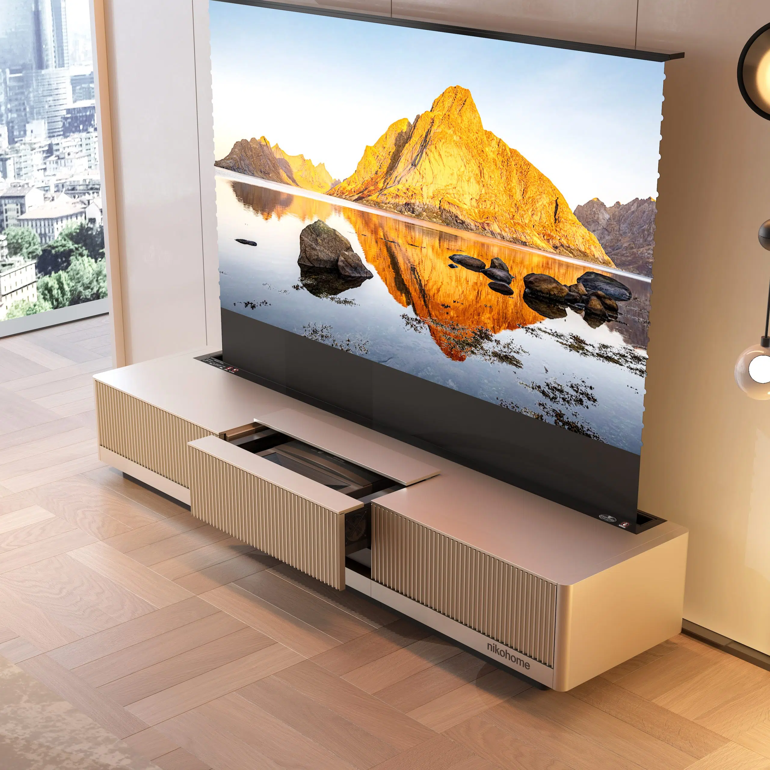 جهاز تلفزيون ليزري من نيكوهوم طراز فانتوم ١٠ لشاشات بحجم ١٠٠–١٣٠ بوصة مع شاشة أرضية قابلة للرفع وتقنية ALR وCLR وUST