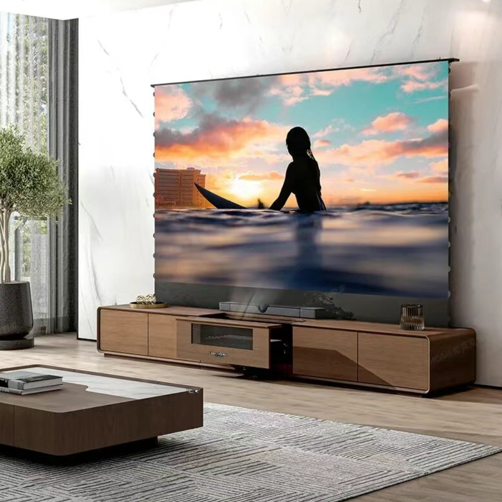 جهاز تلفزيون ليزري من نيكوهوم طراز فانتوم ٥ لشاشات بحجم ١٠٠–١٣٠ بوصة مع شاشة أرضية قابلة للرفع وتقنية ALR وCLR وUST