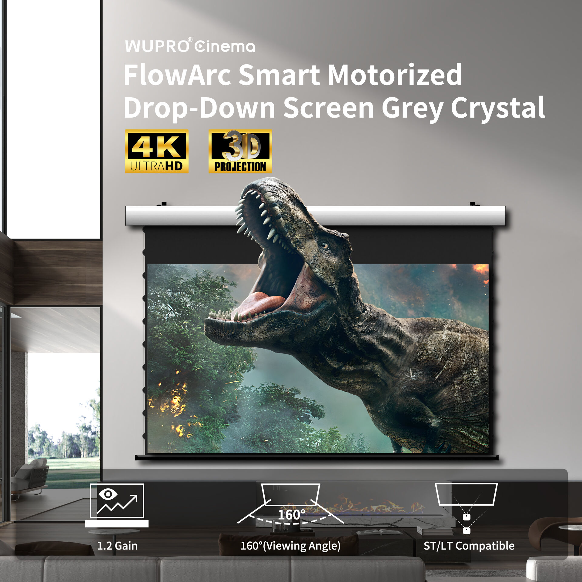 Wupro Cinema FlowArc Motorized Drop Down Screen Grey/Black Crystal for ...
