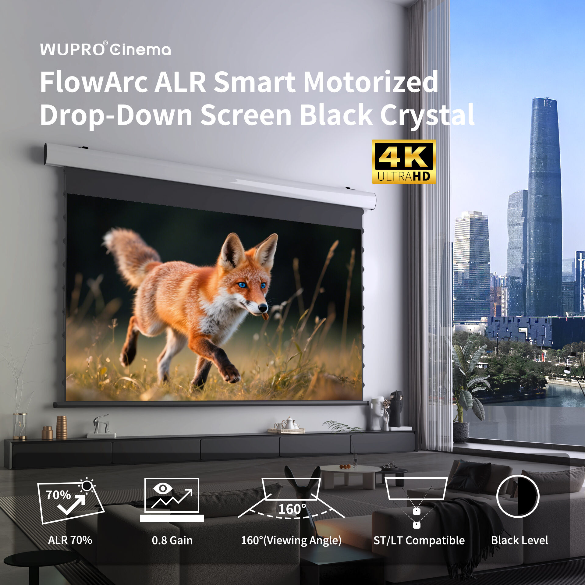 Wupro Cinema FlowArc Motorized Drop Down Screen Grey/Black Crystal for ...