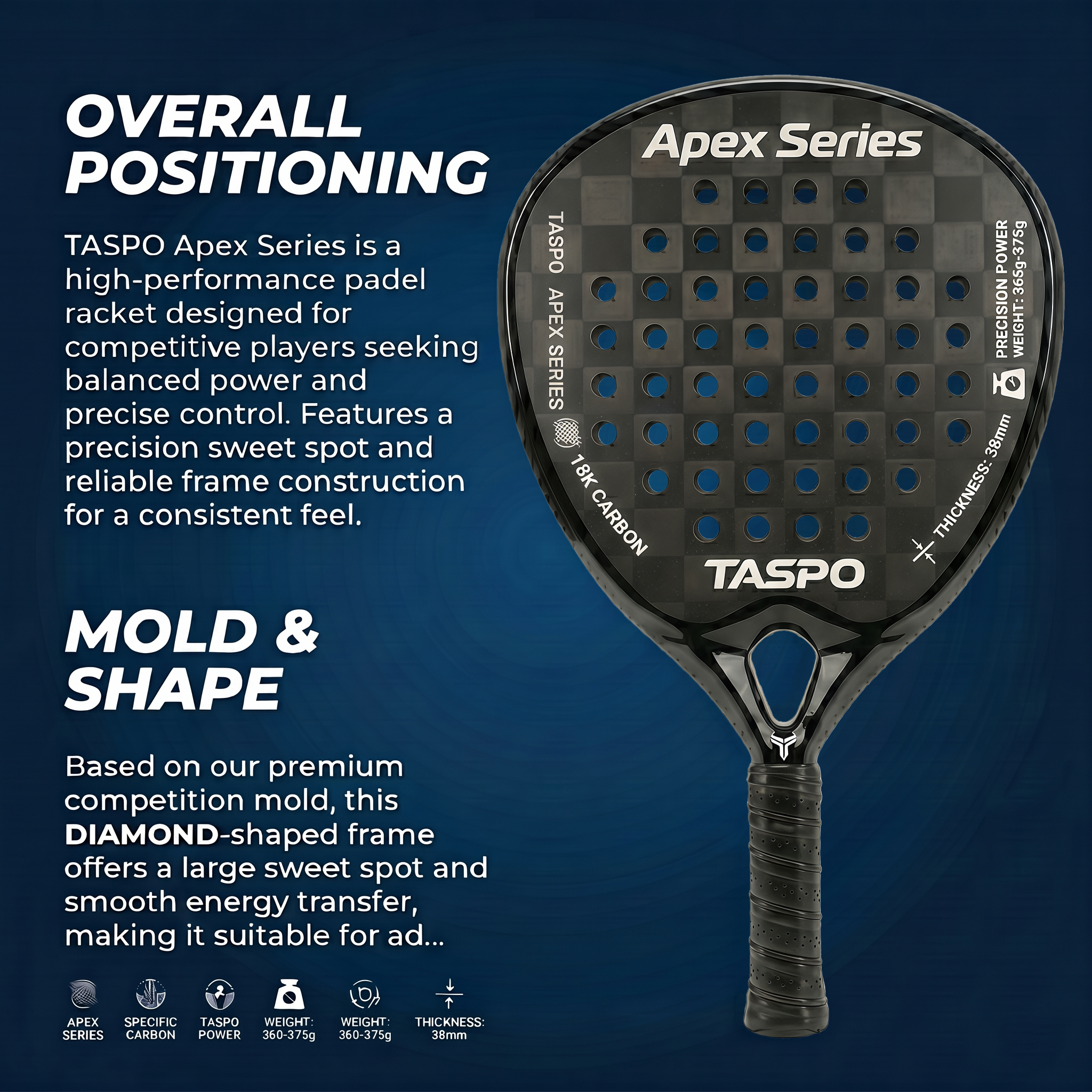 Taspo Apex Pro X Padelracket – 18K-kulstof-fiber diamantform med sort EVA til professionelle spillere, OEM/engros tilgængelig
