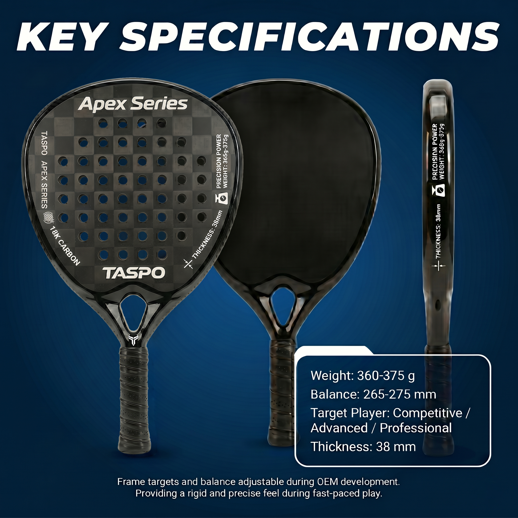 Taspo Apex Pro X Padel Racket - 18K Carbon Fiber Diamond Shape with Black EVA for Pro Players