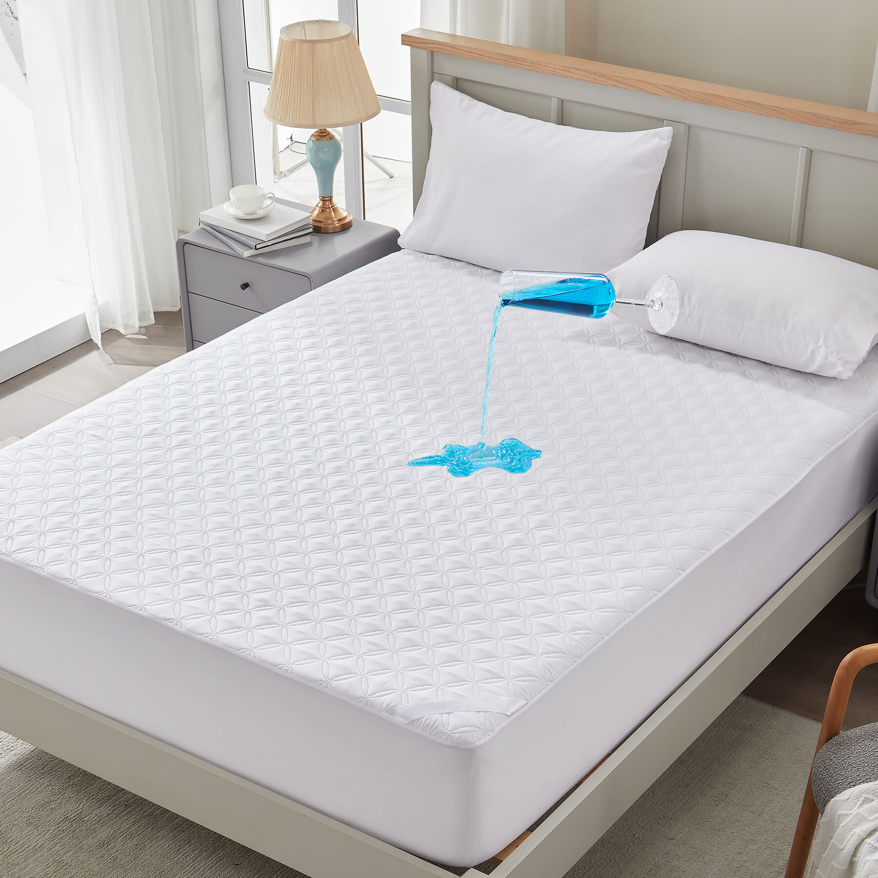 Skin Friendly Waterproof Mattress Protector,Breathable Soft Filling Mattress Pad,6''-18'' Deep Pocket Mattress Cover Washable(White)