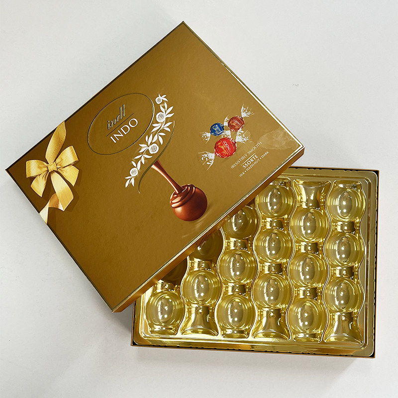 Custom Assorted Chocolate Gold Gift Box Bespoke 2 piece Set Up Style Paper Box with Plastic Tray
