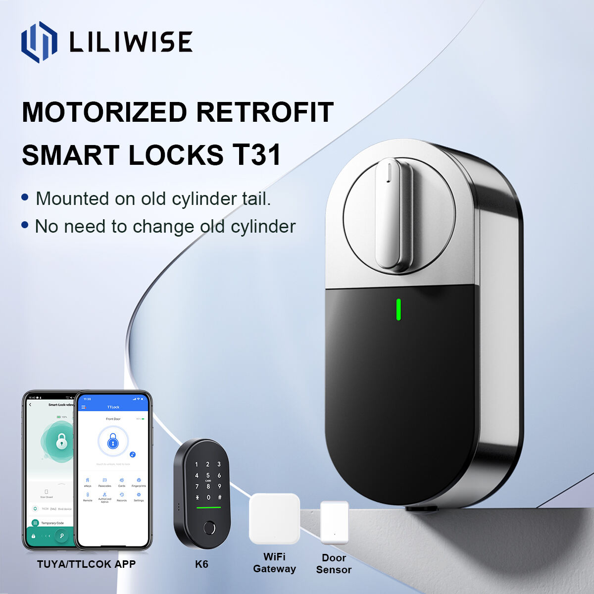 Motorized Retrofit Smart Locks Electronic Door Lock Work with Tuya/TTlock APP K6 Smart Keypad_T31