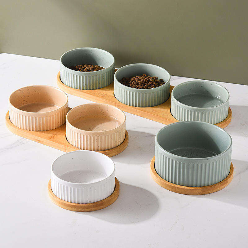 Manufacturer Vertical Grain Ceramic Wooden Frame Pet Cat Dog Food Bowl Pet Ceramic Bowl