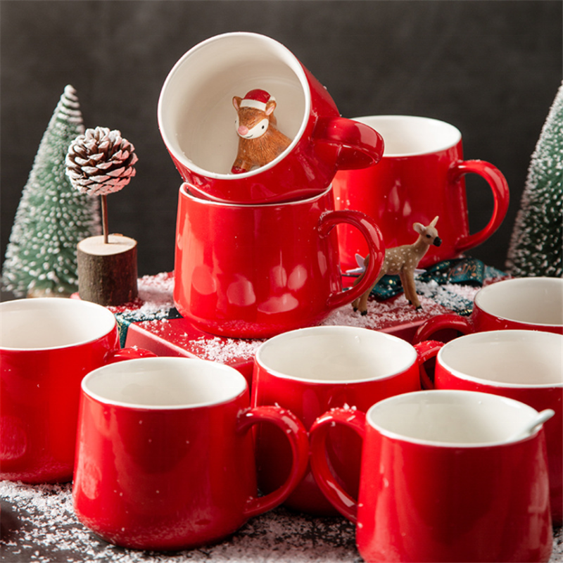 Cawan Krismas Merah Anak-anak Haiwan Hadiah Terbaik Seramik 3D Kepala Haiwan Cawan Penyesuaian Seramik Cawan Kopi Teh Cawan & Tapak Set