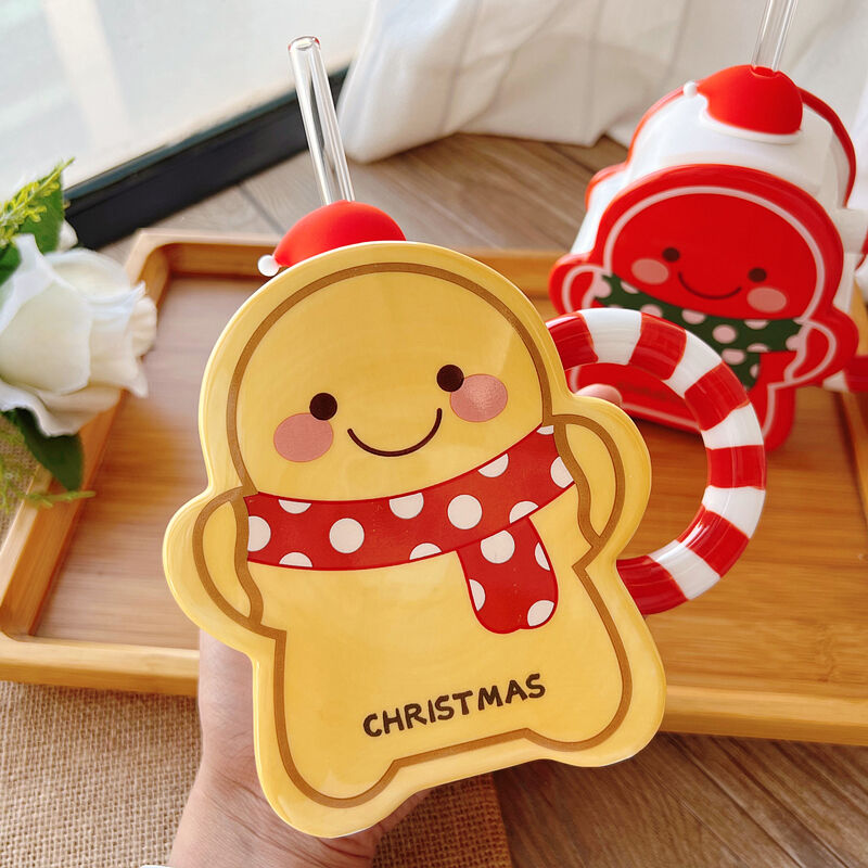Cute Christmas Gingerbread Man Ceramic Straw Mug Creative Mug with Lid High-value Gift Mug Student Mugs