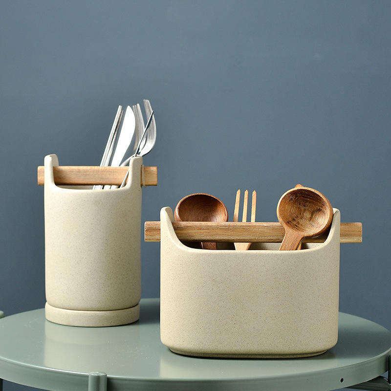 Multi-function Ceramic Chopstick Knife Fork Spoon Storage Rack Kitchen Utensil Holder Ceramic Cutlery Holder With Wood Handle