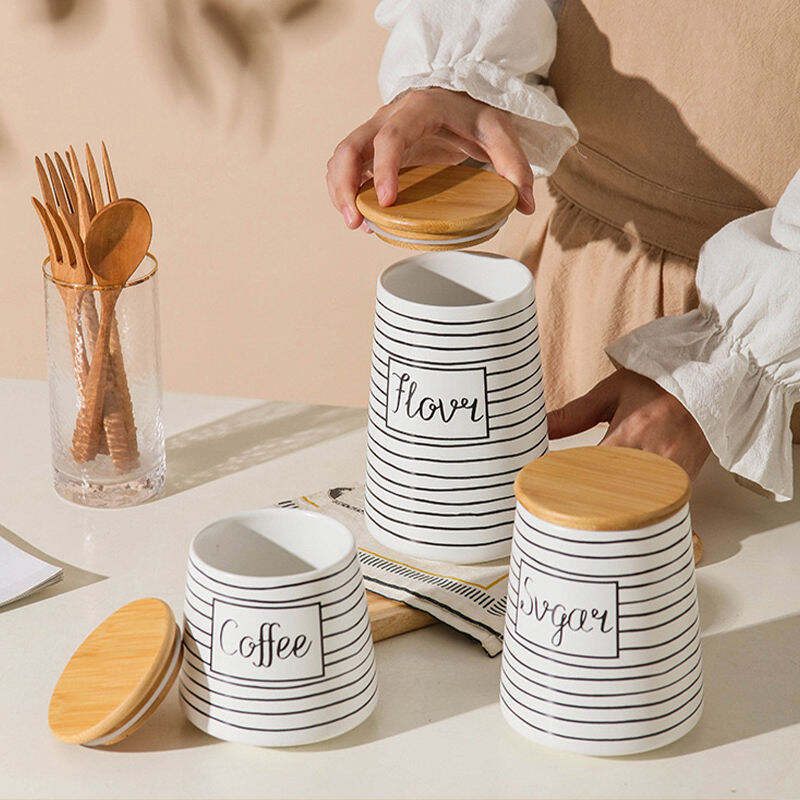 Sticle de Stocare Alimentară Negru-Alb din Ceramică cu Acoperăminte din Bambus, Sticle de Stocare, Sticle de Podoabe, Vasuri de Plantare