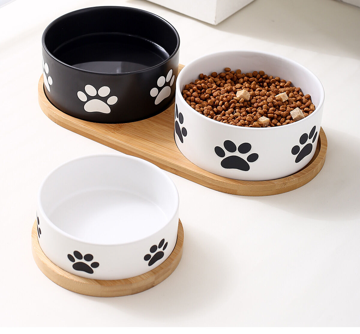 Custom Print Manufacturer Paw Printed Ceramic Wooden Frame Pet Cat Dog Bowl
