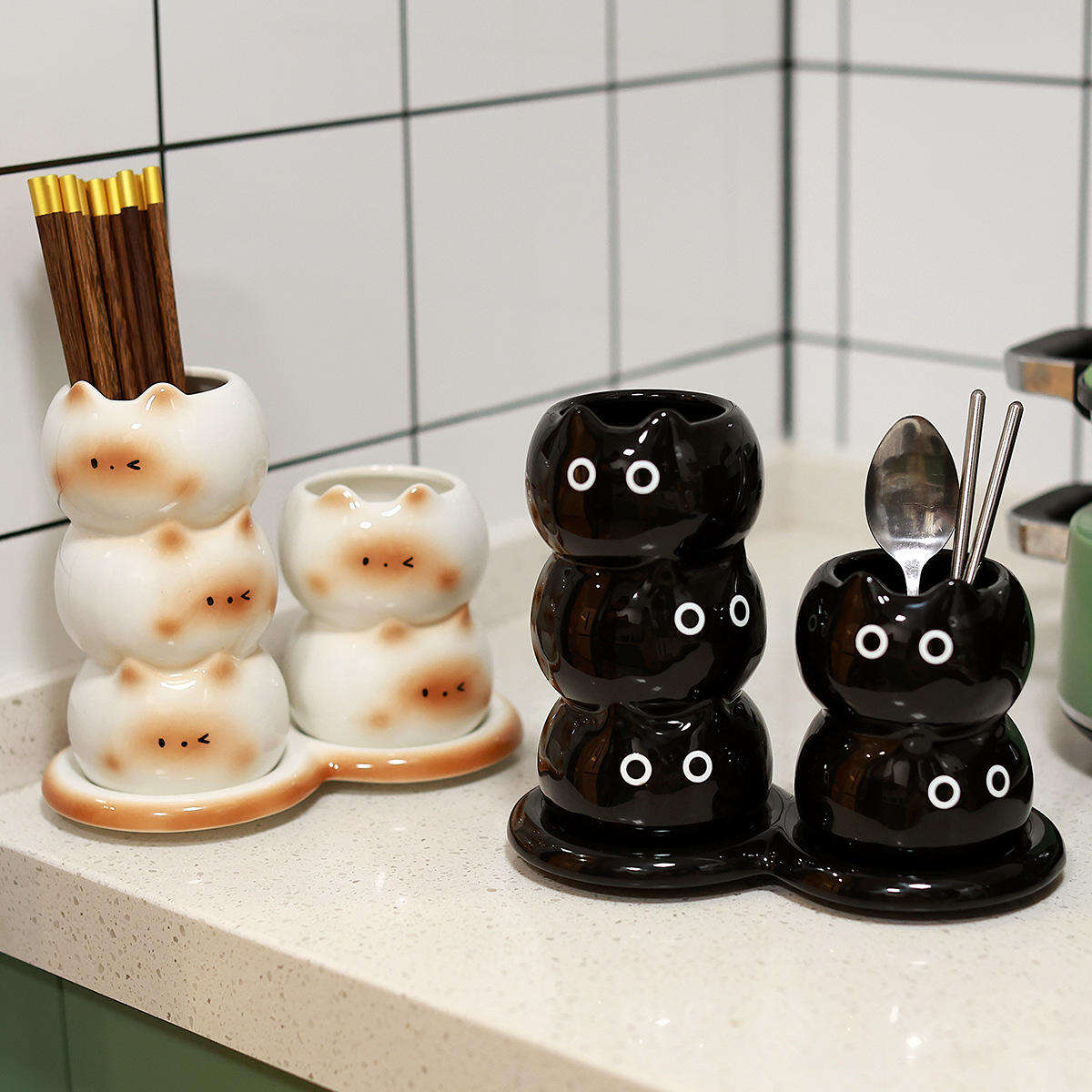 Nordic Custom Cute cat Porcelain Utensils Holders Storage Chopsticks Cutlery Ceramic Utensil Holder for Countertop