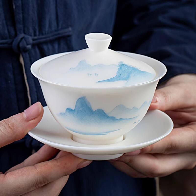 2025 Nuova Porcellana Bianca Coperta Ciotola Fatta a Mano, Porcellana Dehua Dipinta a Mano Set di Tè Kung Fu Regalo per la Casa con Ciotola Singola per il Tè