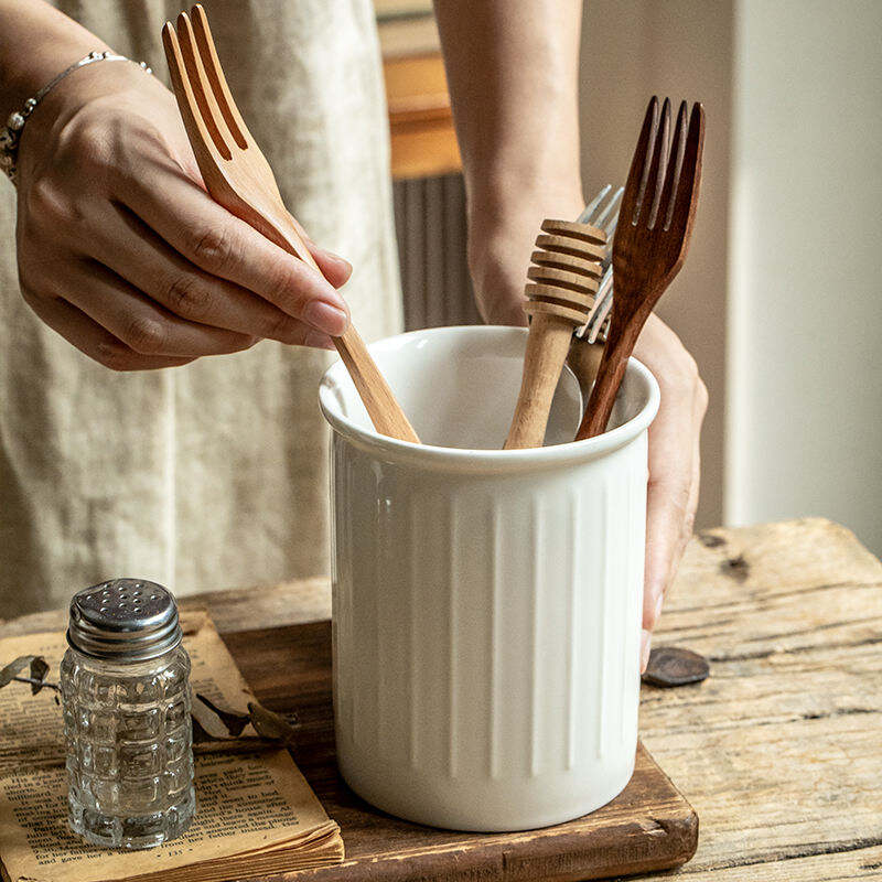 Large&Deep White Ceramic Utensil Holder for Kitchen Counter Minimalist in Aesthetic Kitchen Decor Capacity Storage Canister