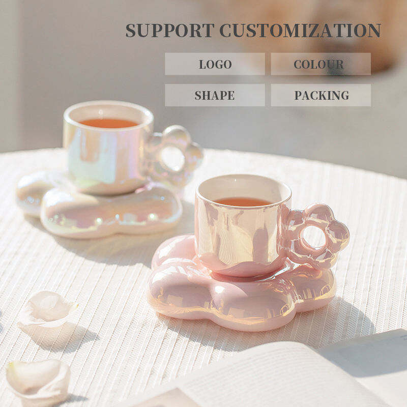 Rainbow Color Pearlescent Mug Gift Cloud Ceramic Tea Cup Flowers Coffee Cups and Saucer Set
