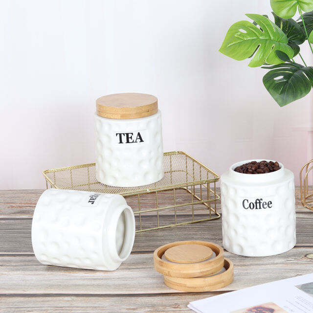 Set de vase ceramice sigiliate pentru stocare a căii, ceaiului, zahărului, piatră, condimente și sezonatori cu acoperame din lemn