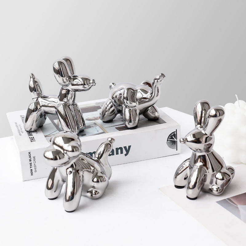 Modern Nordic Ceramic Silver Balloon Dog Ornaments Animal Decor Office Desktop Home Decoration Accessories Crafts