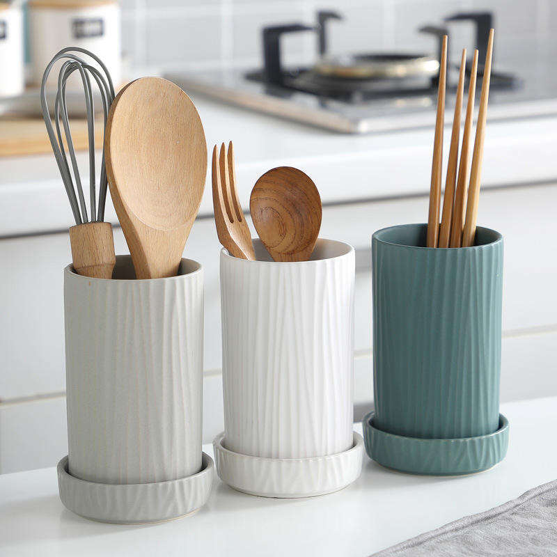 Kitchen Utensil Holder Matte White Chopsticks Cutlery Holder Ceramic Utensil Holder With Tray