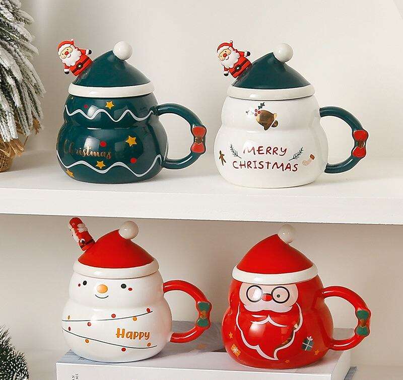 Gelaskan Ceramic Krismas dengan Tutup Sudu Kartun Santa Klaus Kotak Hadiah Gelas Krismas