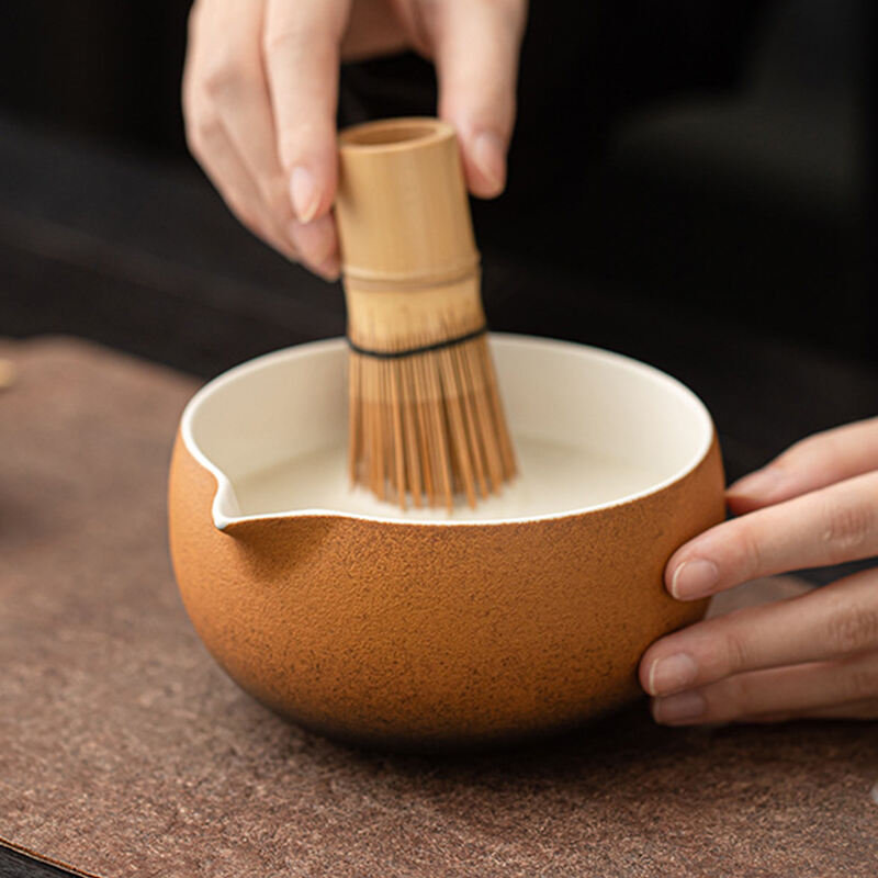 Rough Ceramic Matcha Bowl with Spout Matcha Tool Brush Japanese Tea Bowl Matcha Cup Stirrer Tea Brush Utensils Set