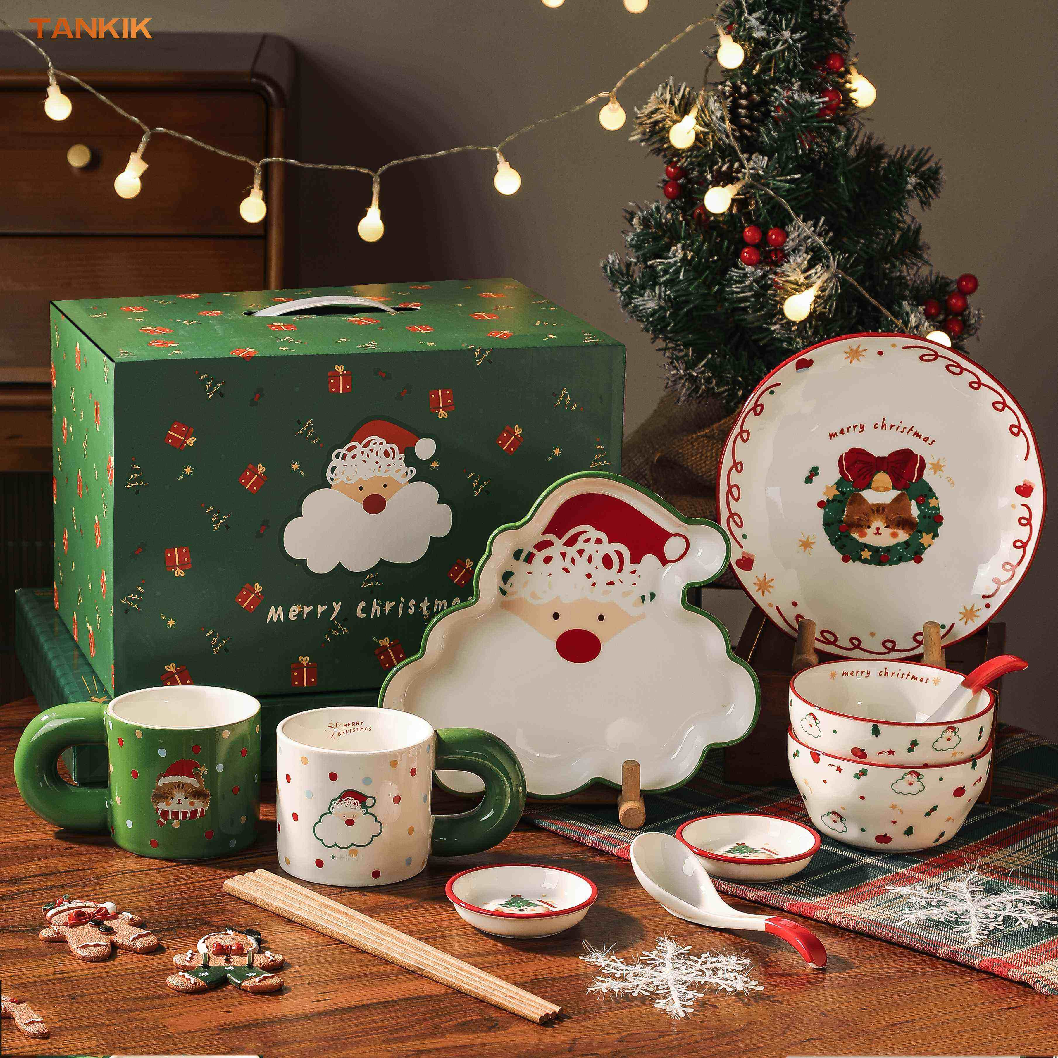 New  Cartoon Santa Claus Christmas Family Daily Friend Gift Mug Dinnerware Ceramic Porcelain Gift Bowl Plate Cup