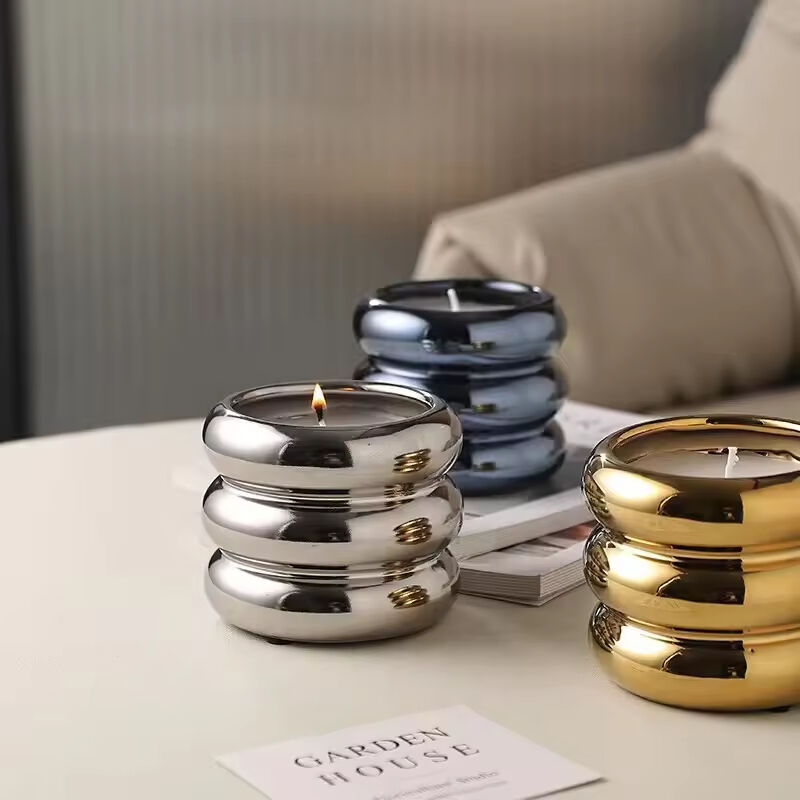 Luxury Candle Jars Ceramic Cylinder Iridescent Doughnut Shape Ceramic Candle Holders Lanterns Candle Jars