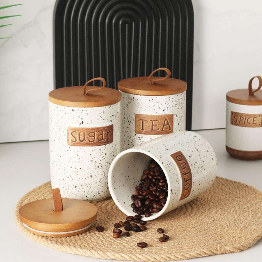 Set de vase de stocare ceramice facute manual cu acoperis din lemn Multi-Scop Decorativ pentru condimente si cookies