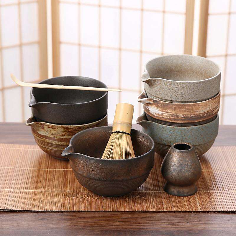 Rough Ceramic Matcha Tea ToolsCeramic Matcha Bowl with SpoutTea Brush SetJapanese Tea BeatersMatcha Powder Stirrer