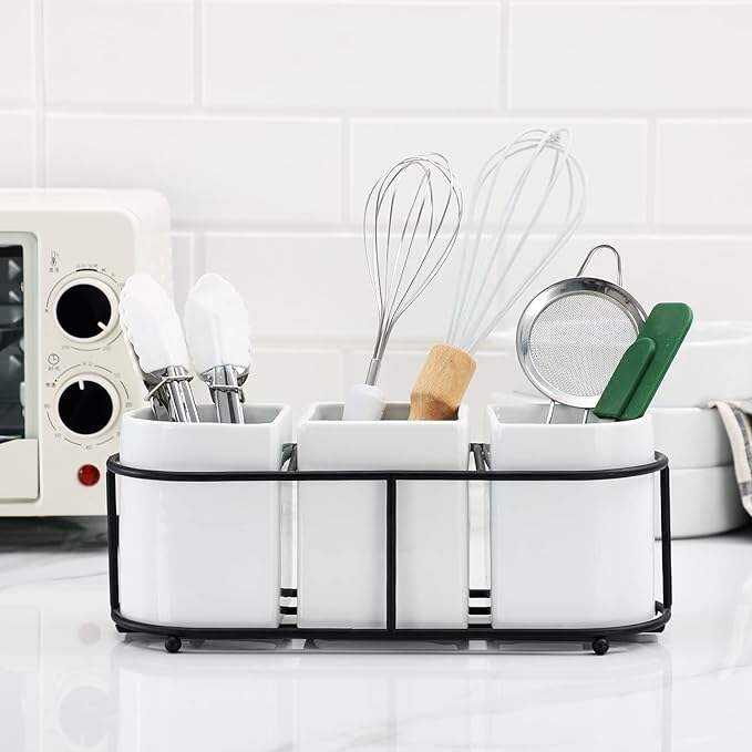 Ceramic Flatware Holder Caddy with Metal Rack Utensil Holder Caddy for Spoons Knives and Forks Cutlery Organizer