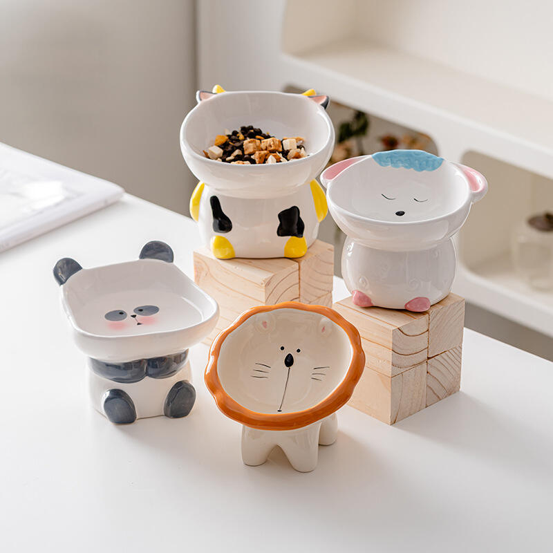 2025 Cute Animal Ceramic Cat Bowl with Neck Protection Anti-Rollover Stand Pet Dog Food & Water Bowl High Diagonal Cat Bowl